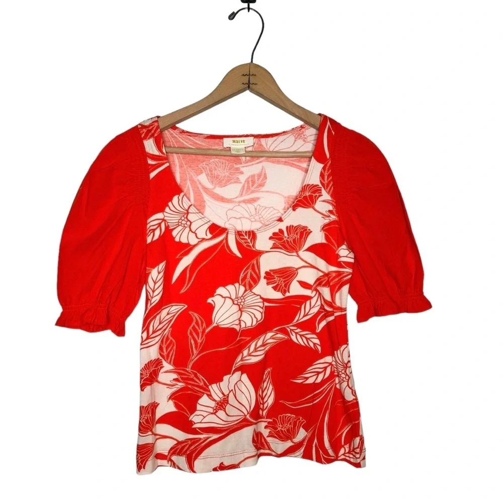 Anthropologie | Maeve Orange and White Floral Woven Puff-Sleeve Top Size XS